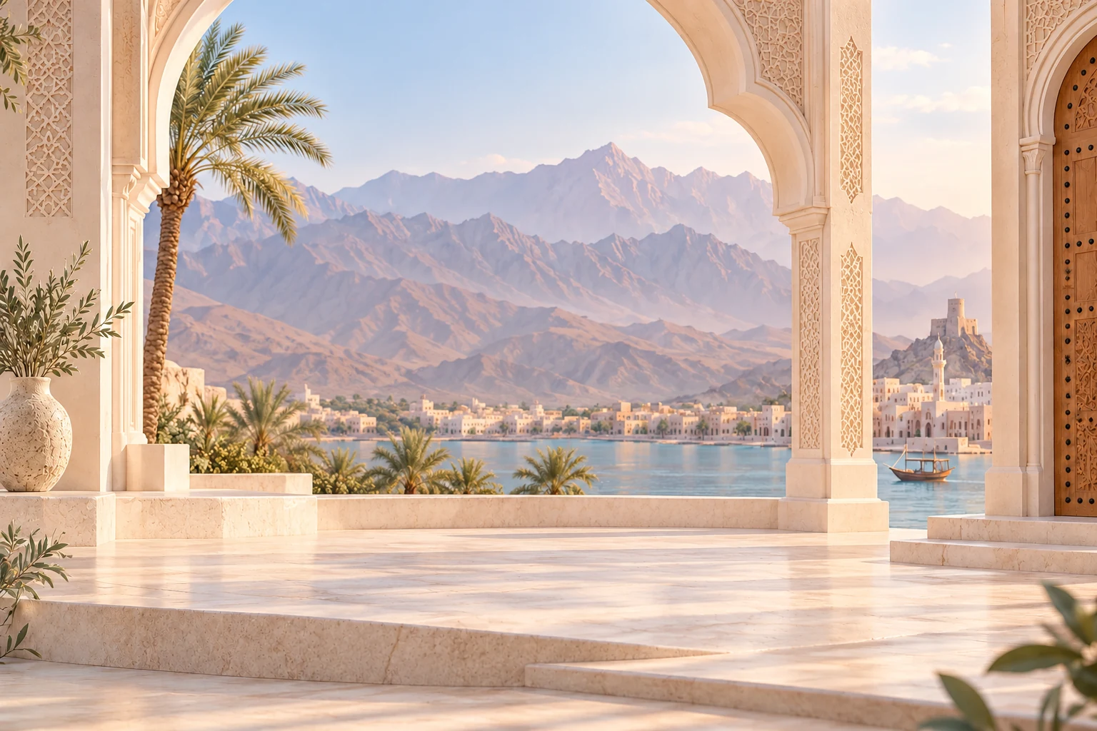 Pastel Muscat-inspired scenery with Omani arches, mountains, waterfront buildings and a traditional boat.